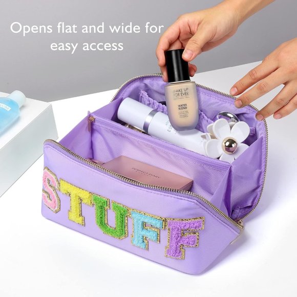 Women Chenille Letter Open Flat Nylon Stuff Makeup Travel Cosmetic Bag Purple - Picture 6 of 9
